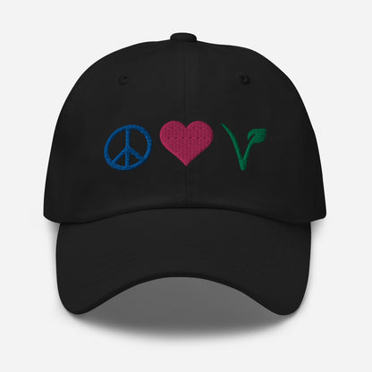 Peace, Love, Vegan Hat / Cap With Premium Multi-color Stitched Embroidery