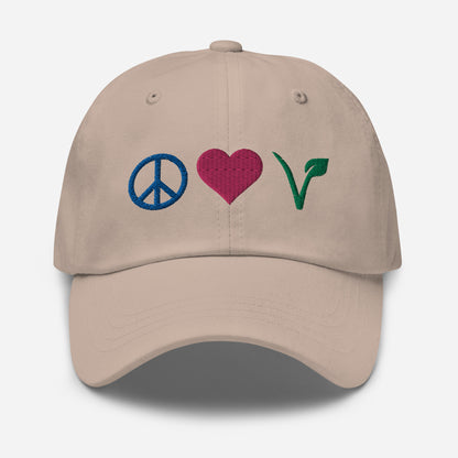 Peace, Love, Vegan Hat / Cap With Premium Multi-color Stitched Embroidery