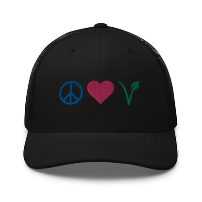 Peace, Love, Vegan Trucker Hat with Premium Multi-color Stitched Embroidery