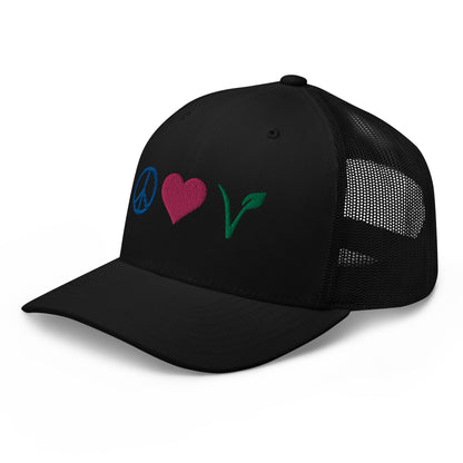 Peace, Love, Vegan Trucker Hat with Premium Multi-color Stitched Embroidery