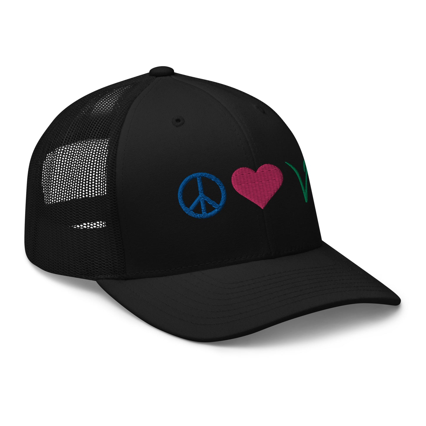 Peace, Love, Vegan Trucker Hat with Premium Multi-color Stitched Embroidery