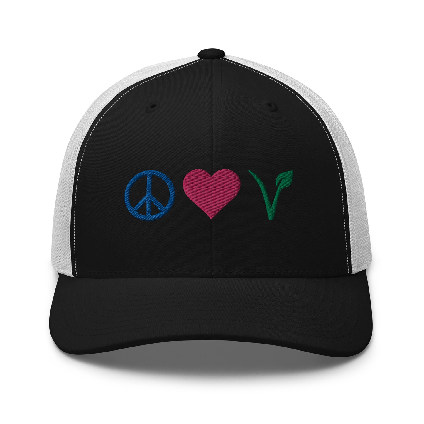 Peace, Love, Vegan Trucker Hat with Premium Multi-color Stitched Embroidery