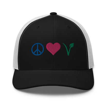 Peace, Love, Vegan Trucker Hat with Premium Multi-color Stitched Embroidery