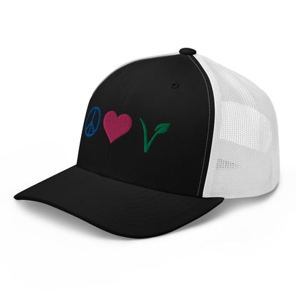 Peace, Love, Vegan Trucker Hat with Premium Multi-color Stitched Embroidery