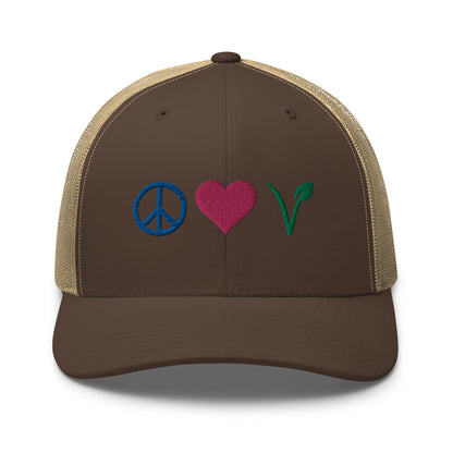 Peace, Love, Vegan Trucker Hat with Premium Multi-color Stitched Embroidery