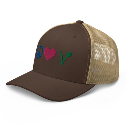 Peace, Love, Vegan Trucker Hat with Premium Multi-color Stitched Embroidery