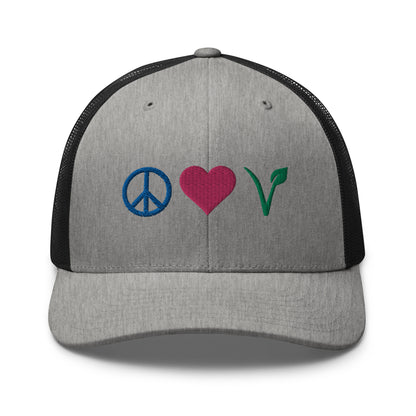 Peace, Love, Vegan Trucker Hat with Premium Multi-color Stitched Embroidery