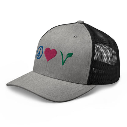 Peace, Love, Vegan Trucker Hat with Premium Multi-color Stitched Embroidery