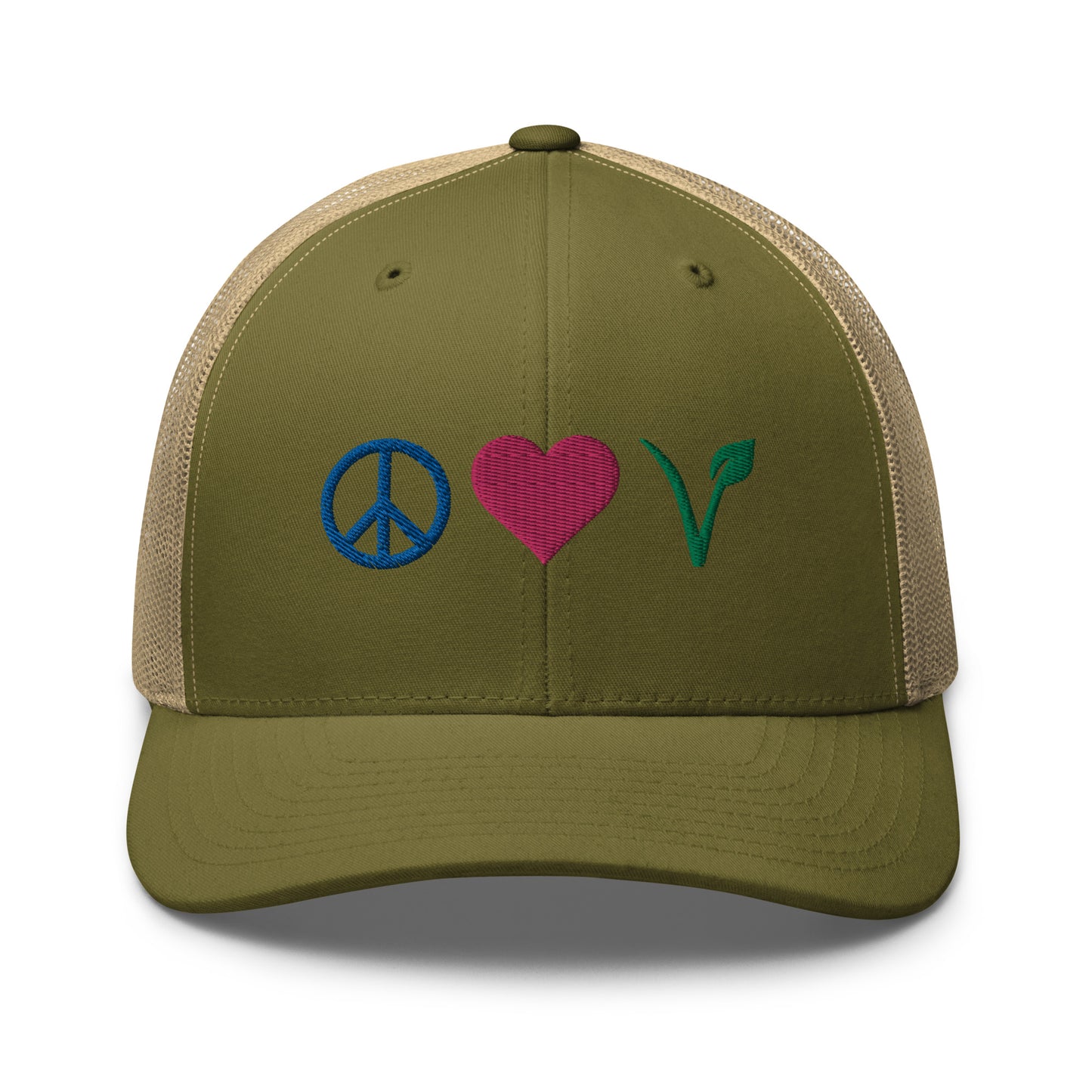 Peace, Love, Vegan Trucker Hat with Premium Multi-color Stitched Embroidery