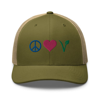 Peace, Love, Vegan Trucker Hat with Premium Multi-color Stitched Embroidery