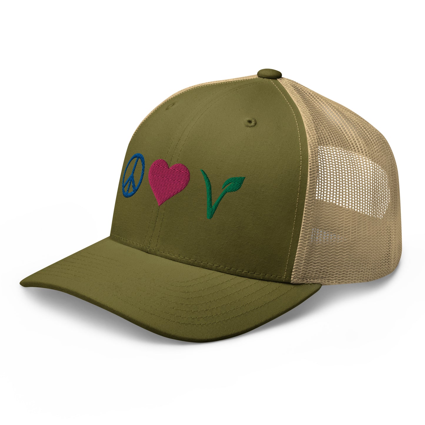 Peace, Love, Vegan Trucker Hat with Premium Multi-color Stitched Embroidery