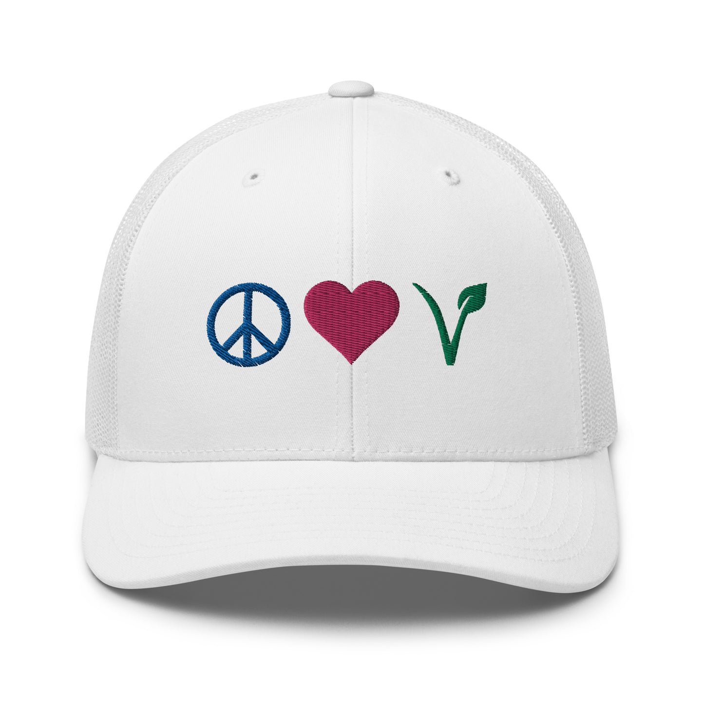 Peace, Love, Vegan Trucker Hat with Premium Multi-color Stitched Embroidery