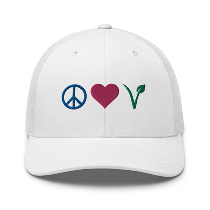 Peace, Love, Vegan Trucker Hat with Premium Multi-color Stitched Embroidery