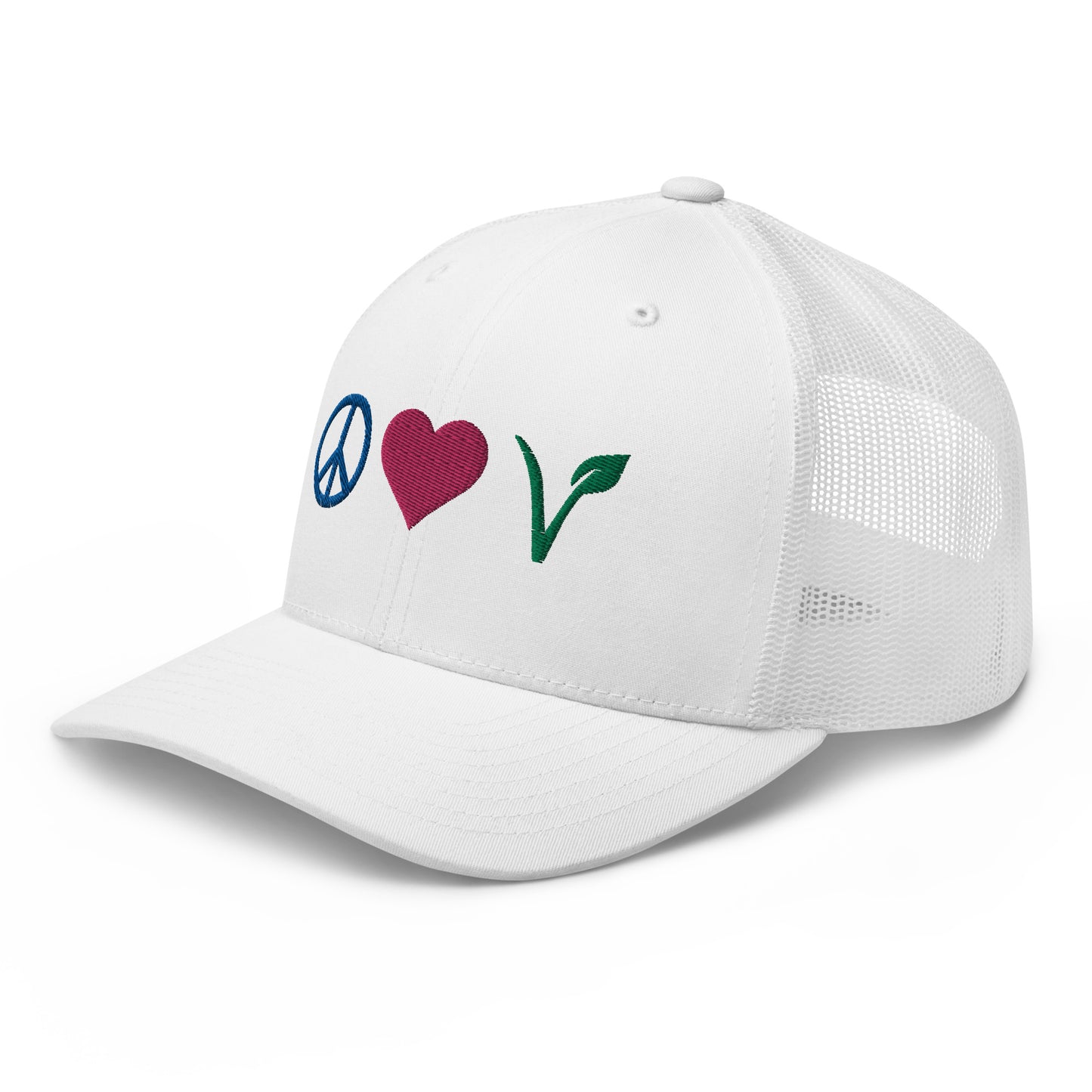 Peace, Love, Vegan Trucker Hat with Premium Multi-color Stitched Embroidery